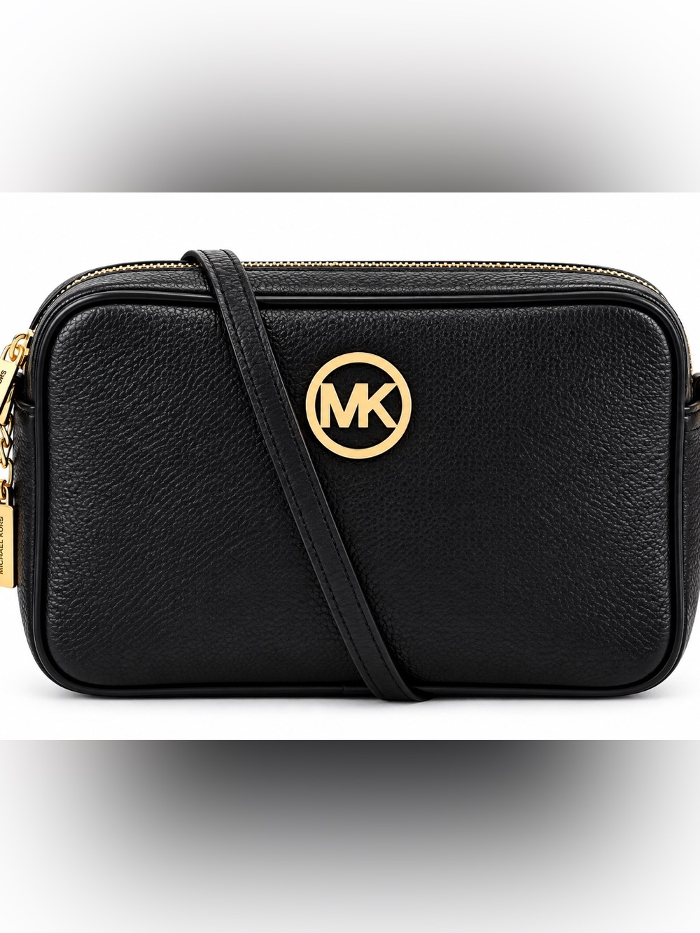 Michael Michael  Kors Black Pebbled Leather Crossbody with Gold MK Emblem